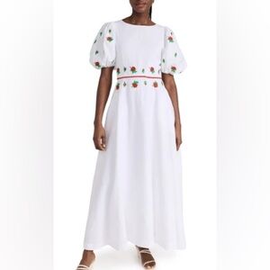 Fanm Mon Datcha Dress White Linen Roses Size Small